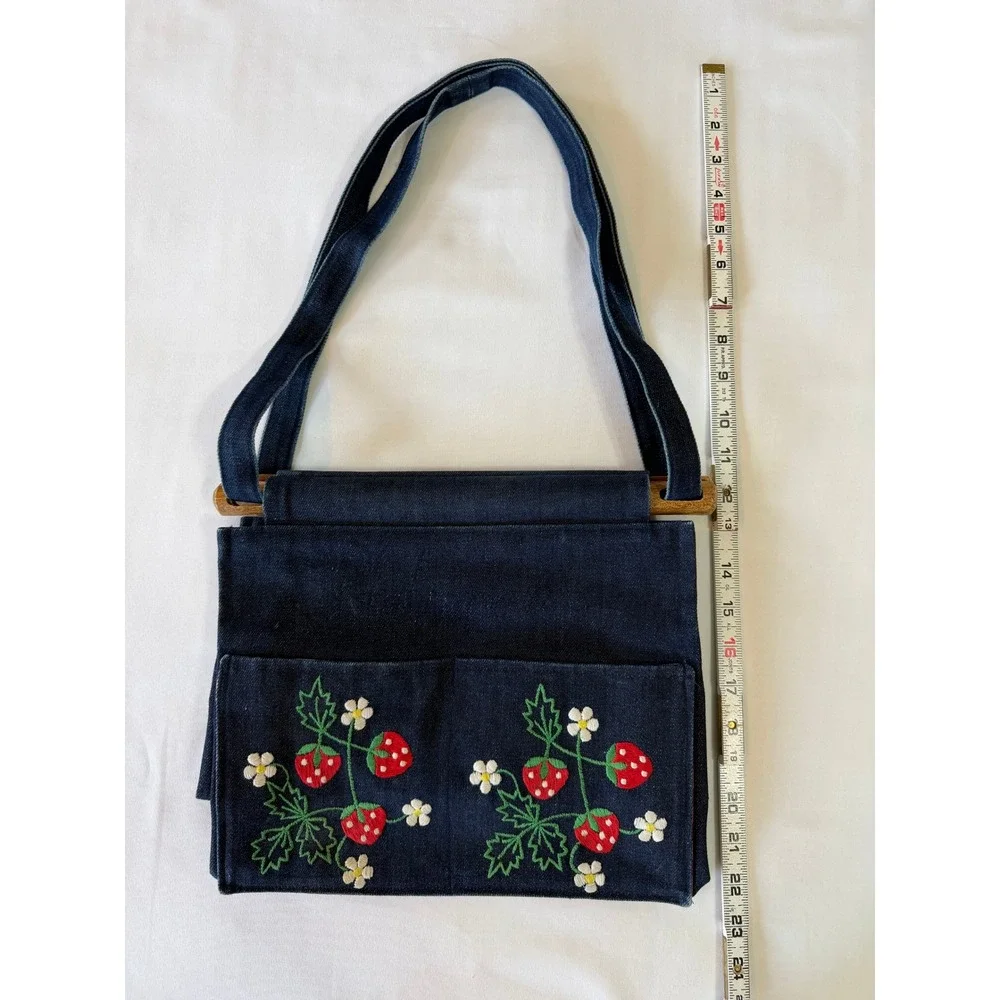Vintage Denim Strawberry Embroidered Tote Bag 70s 80s Gingham Lining Wood Handle
